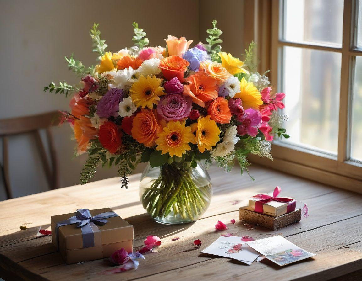 A beautiful floral arrangement bursting with colorful, fresh flowers, elegantly set on a rustic wooden table in a sunlit room. The scene should include a selection of thoughtful, handwritten gift cards and ribbon-wrapped presents surrounded by flower petals. Super-realistic. Vibrant colors.