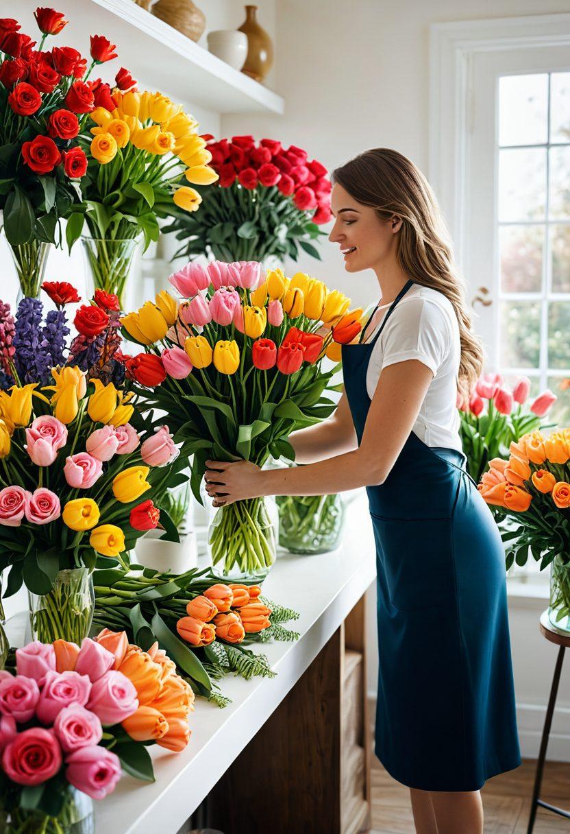 A lush bouquet of diverse, vibrant flowers, including roses, lilies, and tulips, being delicately arranged by a florist in a sunlit, charming flower shop with blooming plants and decorative vases all around. Flowers in different stages of arrangement depicting freshness and beauty. super-realistic. vibrant colors. white background.
