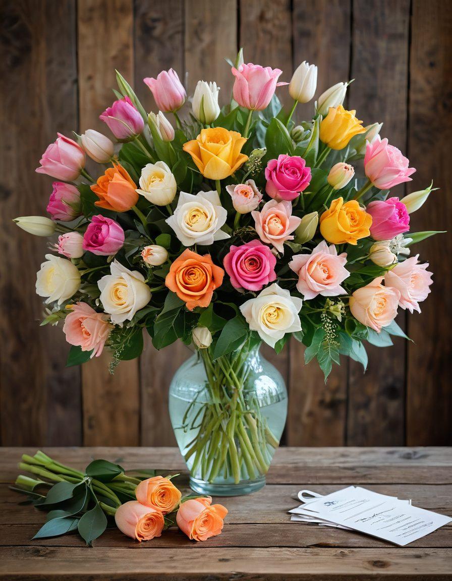 A beautiful floral arrangement featuring a variety of colorful flowers like roses, lilies, and tulips, set in an elegant vase on a wooden table. Each flower is thoughtfully labeled with tags for different occasions like birthdays, anniversaries, and apologies. The background is a soft pastel gradient, adding warmth and serenity to the scene. super-realistic. vibrant colors. white background.